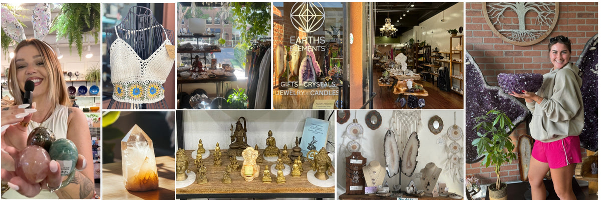 Collage of images featuring jewelry, a store interior, and people with amethyst crystals.