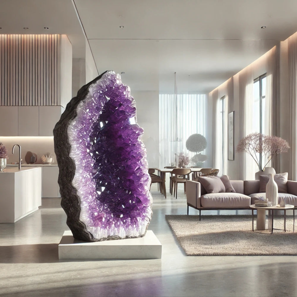 Very Large amethyst geode in the middle of a modern living space
