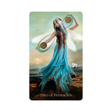 Tarot card featuring a woman in a blue dress with pentacle symbols, titled 'Two of Pentacles'.